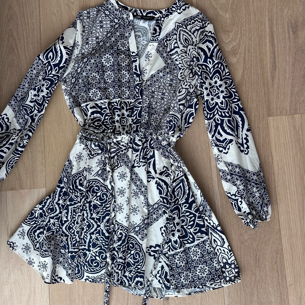 Navy and White Patterned Long Sleeve Dress